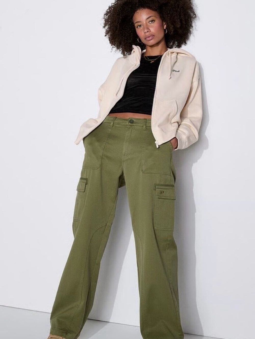 PINK Victoria's Secret Olive Wide-Leg Utility Cargo Pants